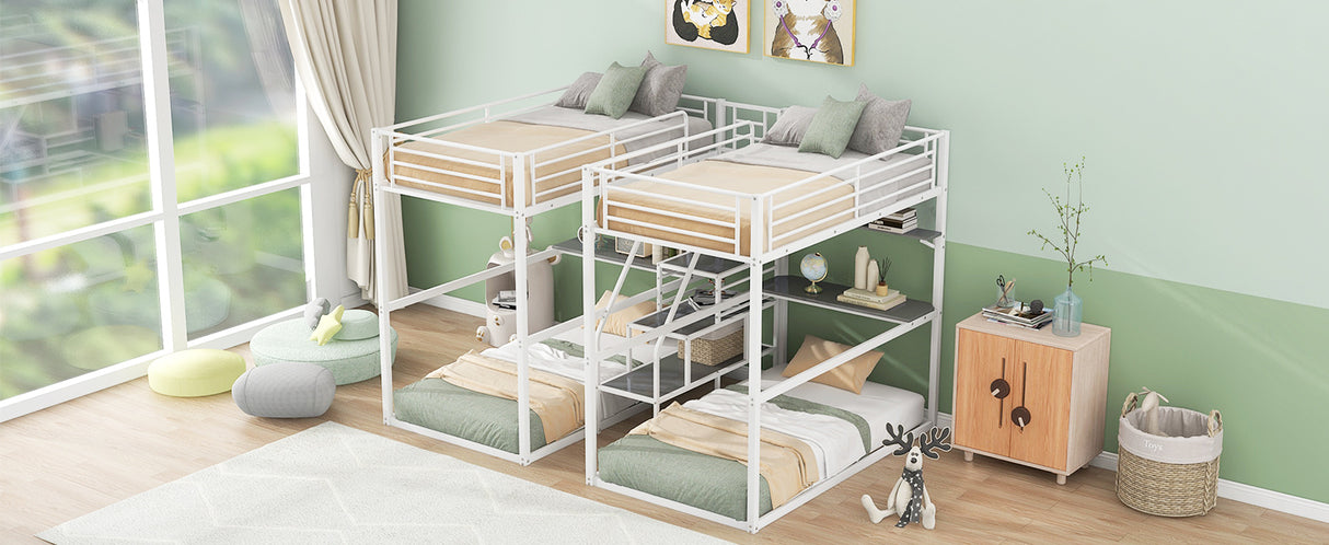 Double Twin over Twin Metal Bunk Bed with Desk, Shelves and Storage Staircase, White - Home Elegance USA