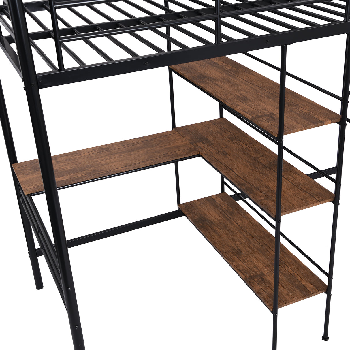 Twin Size Metal Loft Bed and Built-in Desk and Shelves,Black(OLD DKU:WF280270AAB) - Home Elegance USA