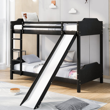 Twin over Twin Size Upholstery Bunk Bed with Convertible Slide and Ladder,Headboard and Footboard,Black - Home Elegance USA