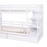 Twin over Twin Bunk Bed with Storage Staircase, Slide and Drawers, Desk with Drawers and Shelves, White - Home Elegance USA