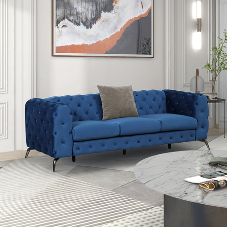 85.5" Velvet Upholstered Sofa with Sturdy Metal Legs,Modern Sofa Couch with Button Tufted Back, 3 Seater Sofa Couch for Living Room,Apartment,Home Office,Blue - SG000603AAC - image - 3