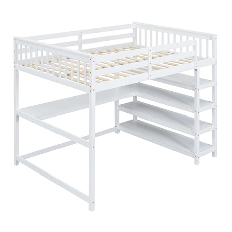 Full Size Loft Bed with Storage Shelves and Under-bed Desk, White - Home Elegance USA