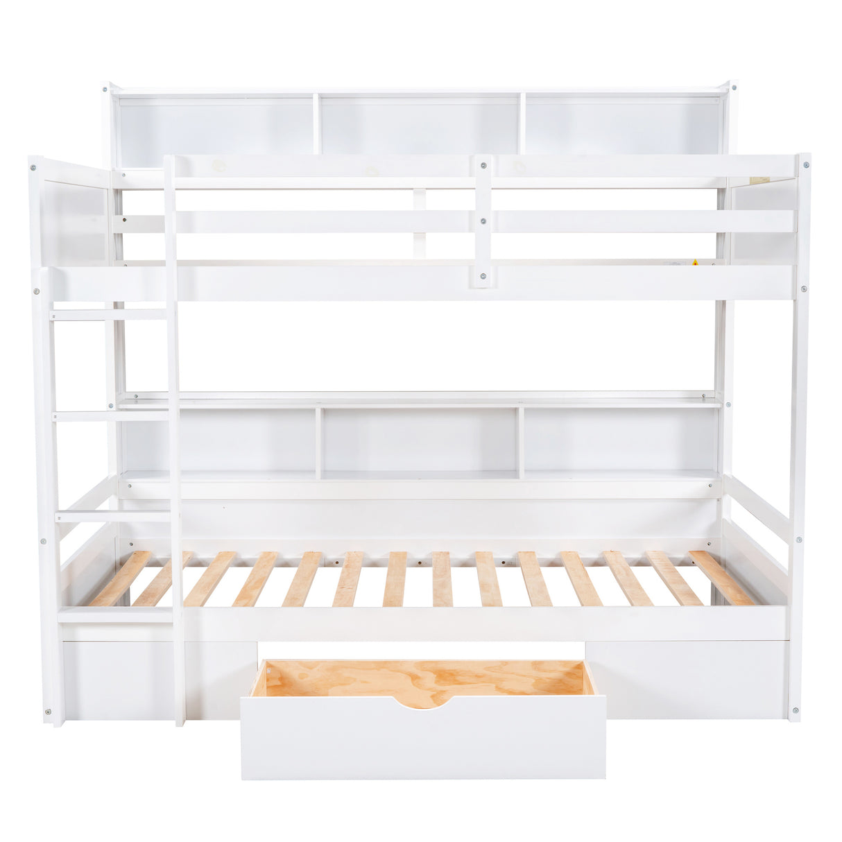 Twin Size Bunk Bed with Built-in Shelves Beside both Upper and Down Bed and Storage Drawer,White - Home Elegance USA