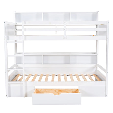 Twin Size Bunk Bed with Built-in Shelves Beside both Upper and Down Bed and Storage Drawer,White - Home Elegance USA
