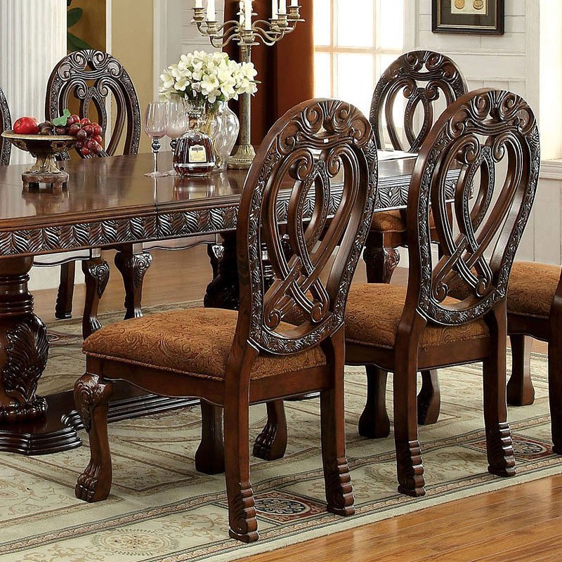 Formal Majestic Traditional Dining Chairs Cherry Solid wood Fabric Seat Intricate Carved Details Set of 2 Side Chairs - Home Elegance USA