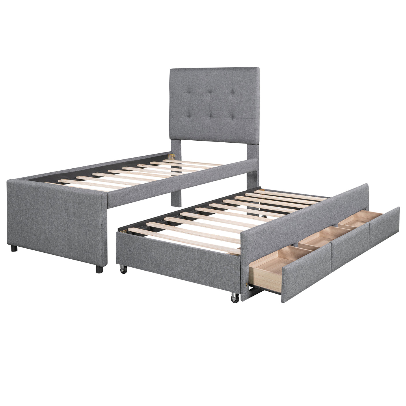 Twin Size Upholstered Platform Bed with Pull-out Twin Size Trundle and 3 Drawers, Gray - Home Elegance USA