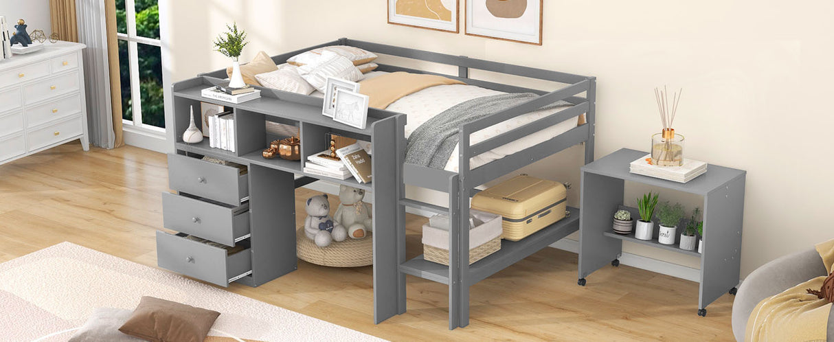 Full Size Low Loft Bed with Rolling Portable Desk, Drawers and Shelves,  Gray - Home Elegance USA