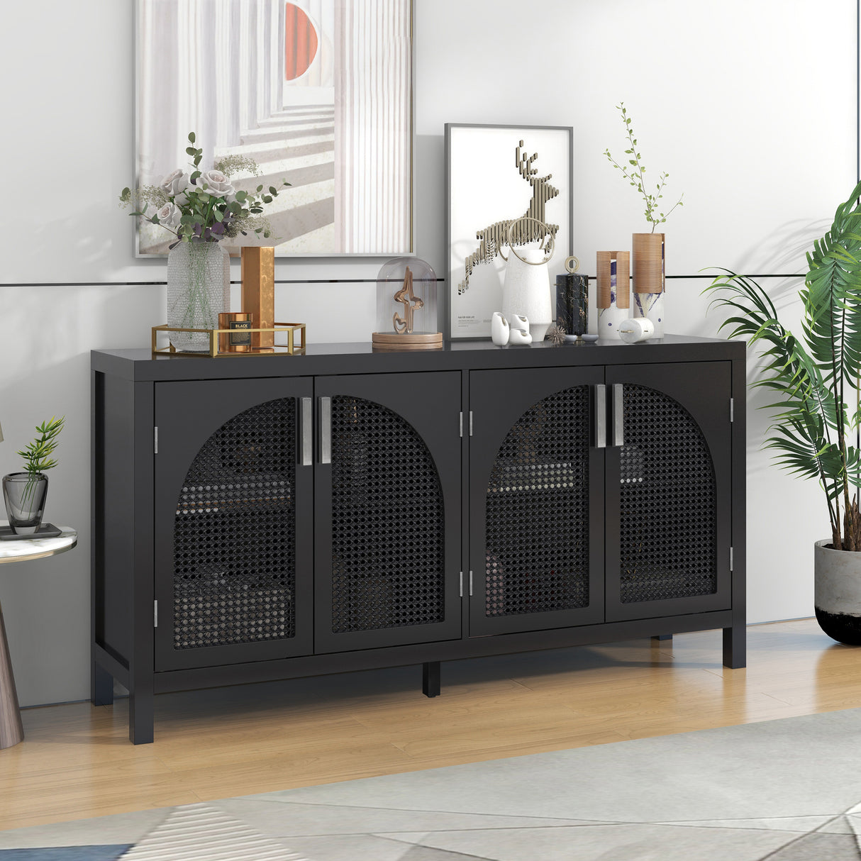 TREXM Large Storage Space Sideboard with Artificial Rattan Door and Metal Handles for Living Room and Entryway (Black) - Home Elegance USA