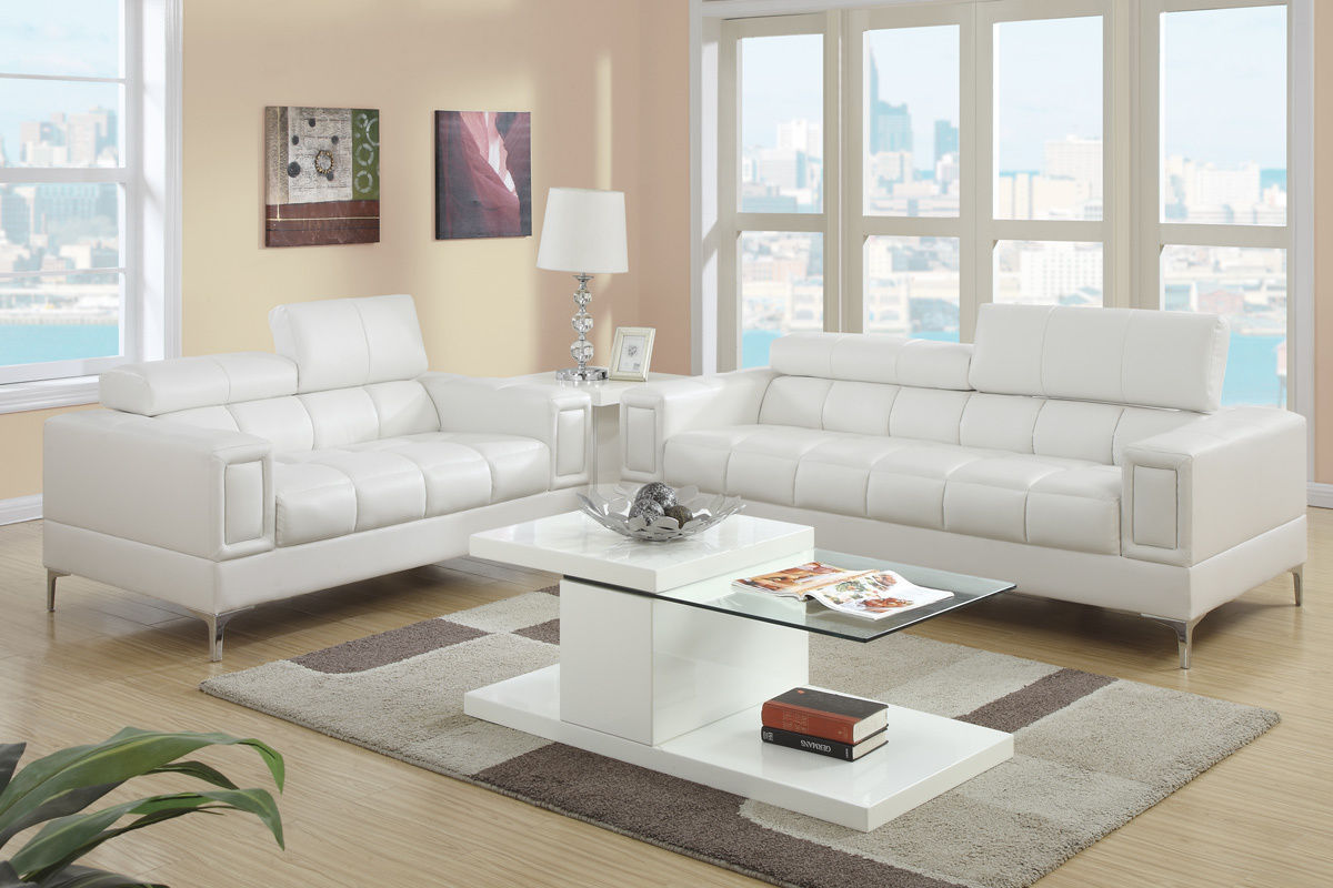 White Faux Leather Living Room 2pc Sofa set Sofa And Loveseat Furniture Couch Unique Design Metal Legs Adjustable Headrest Home Elegance USA