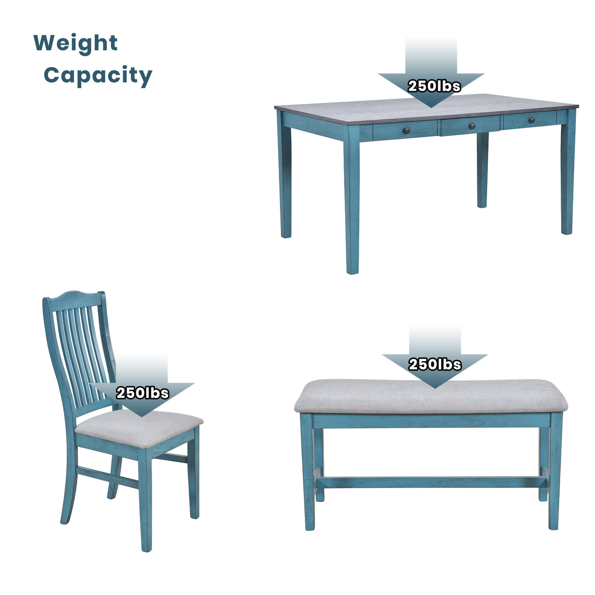 TOPMAX Mid-Century 6-Piece Wood Dining Table Set, Kitchen Table Set with Drawer, Upholstered Chairs and Bench, Antique Blue - Home Elegance USA