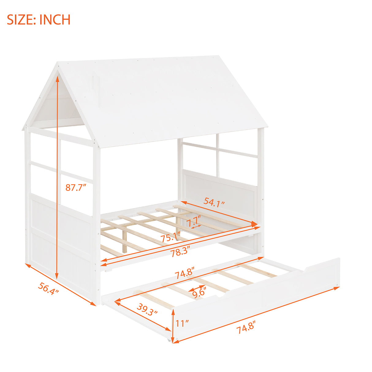 Full Size Wood House Bed With Twin Size Trundle, Wooden Daybed, White