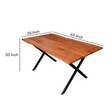 Byron 63 Inch Handcrafted Live Edge Acacia Wood Dining Table, X Shaped Metal Legs, Brown and Black - Home Elegance USA