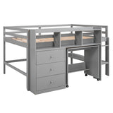 Full Size Low Loft Bed with Rolling Portable Desk, Drawers and Shelves,  Gray - Home Elegance USA