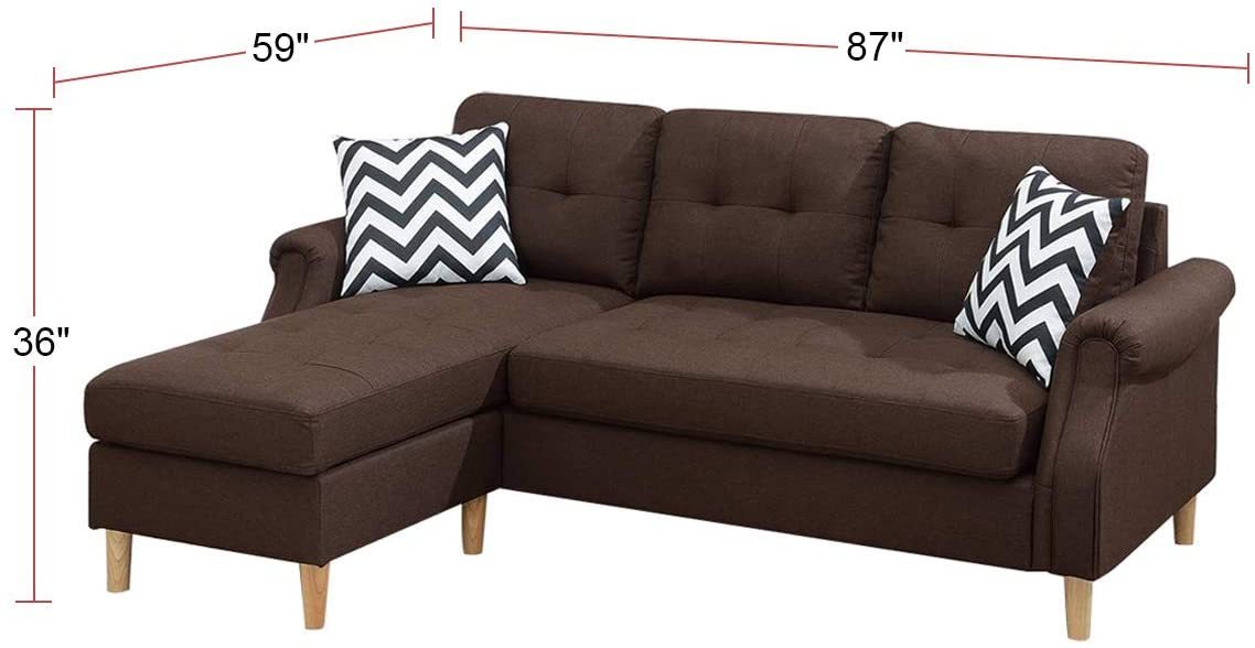 Living Room Corner Sectional Dark Coffee Polyfiber Chaise sofa Reversible Sectional - Home Elegance USA