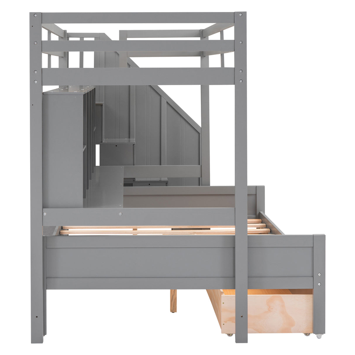 Twin XL over Full Bunk Bed with Built-in Storage Shelves, Drawers and Staircase,Gray - Home Elegance USA