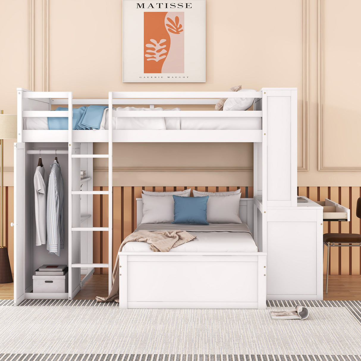 Full size Loft Bed with a twin size Stand-alone bed, Shelves,Desk,and Wardrobe-White - Home Elegance USA