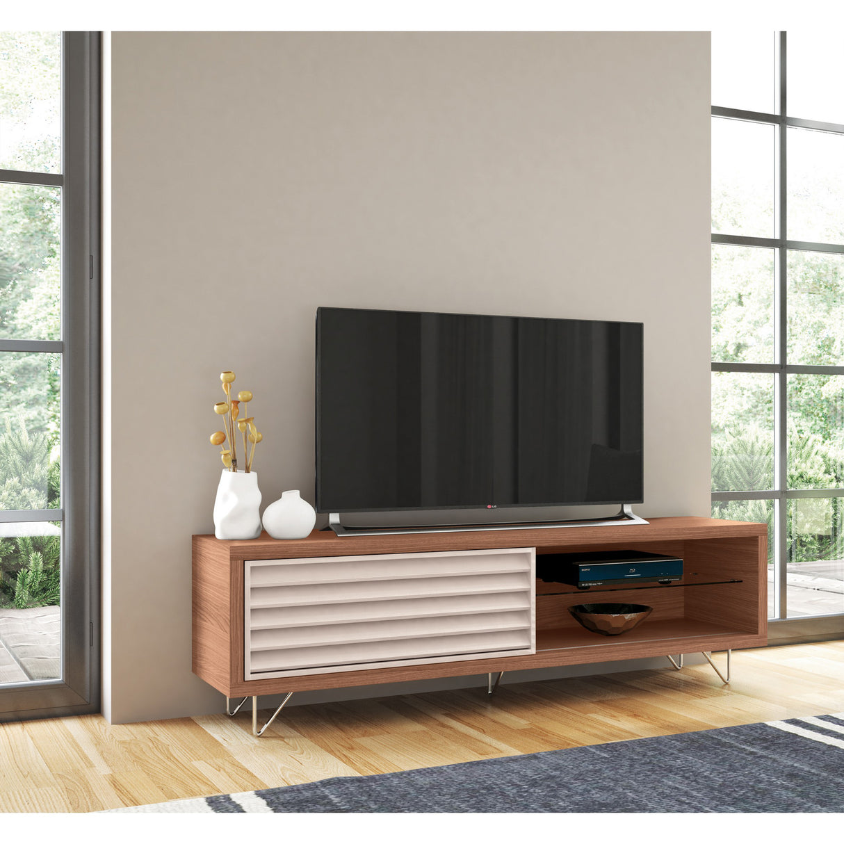 71 Inch Door Wooden Entertainment TV Stand with 2 Open Compartments, Brown - UPT-225281 Home Elegance USA