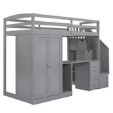 Twin Size Loft Bed with Wardrobe and Staircase, Desk and Storage Drawers and Cabinet in 1,Gray - Home Elegance USA