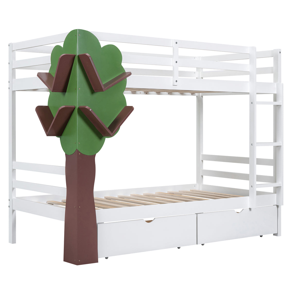 Twin-Over-Twin Bunk Bed with  a Tree Decor and Two Storage Drawers, White - Home Elegance USA