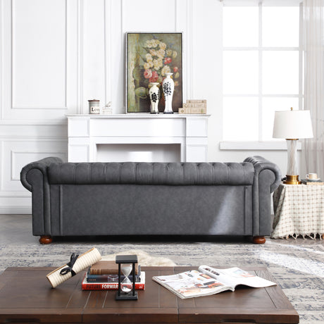 Classic Chesterfield Sofa Dark Grey Faux Leather - Home Elegance USA