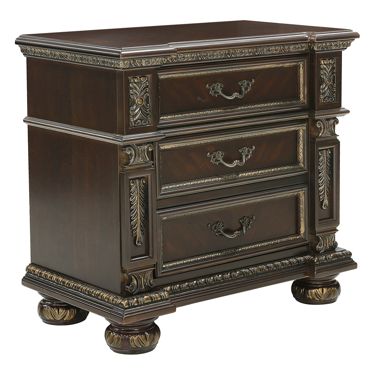 Traditional Design Dark Cherry Finish with Gold Tipping 1pc Nightstand of 3x Drawers Formal Style Bedroom Furniture - Home Elegance USA