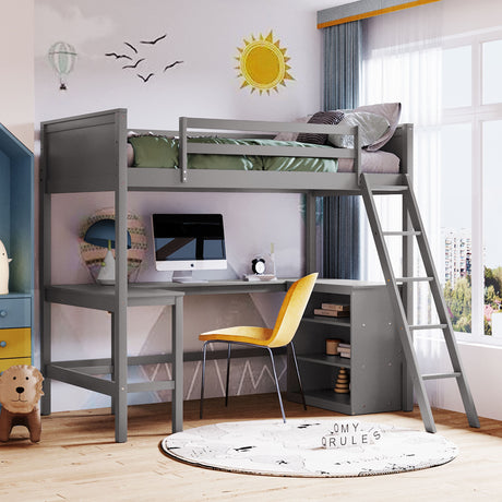 Twin size Loft Bed with Shelves and Desk, Wooden Loft Bed with Desk - Gray(OLD SKU:LT000537AAE) - Home Elegance USA