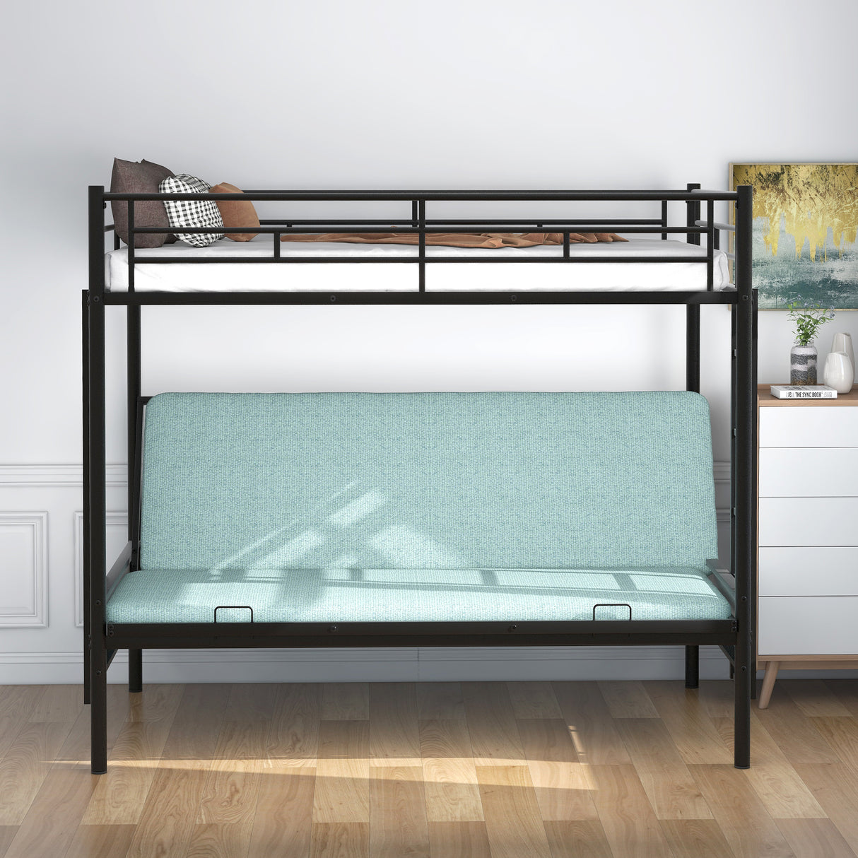 Twin over Full Metal Bunk Bed, Multi-Function,Black(OLD SKU:MF193079AAB) - Home Elegance USA