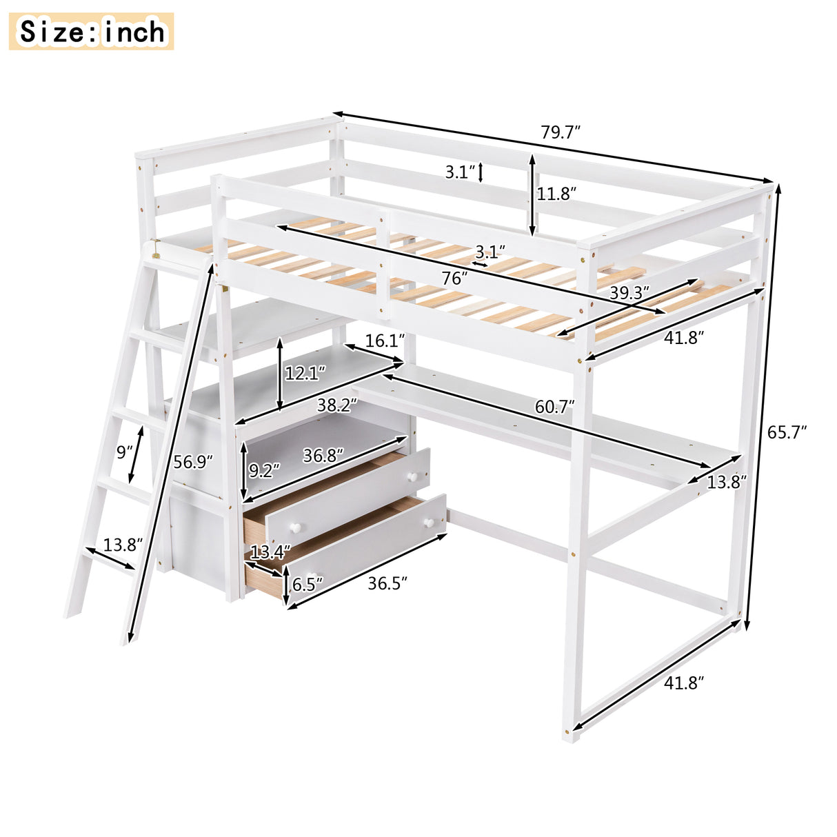 Twin Size Loft Bed with Desk and Shelves, Two Built-in Drawers, White (old SKU: GX000803AAK-1） - Home Elegance USA