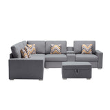 Nolan Gray Linen Fabric 7Pc Reversible Sectional Sofa with Interchangeable Legs, Pillows, Storage Ottoman, and a USB, Charging Ports, Cupholders, Storage Console Table - Home Elegance USA