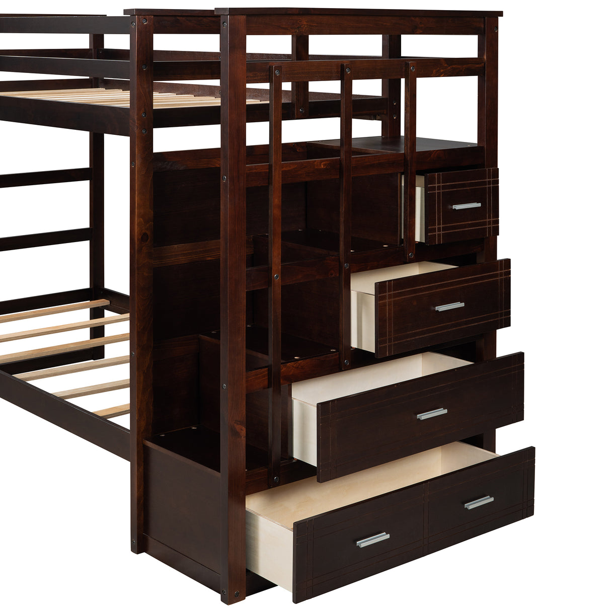 Solid Wood Bunk Bed , Hardwood Twin Over Twin Bunk Bed with Trundle and Staircase, Natural Espresso Finish (OLD SKU: LP000068AAP) - Home Elegance USA