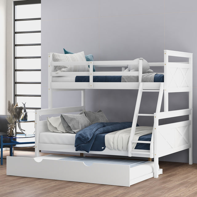 Twin over Full Bunk Bed with Ladder, Twin Size Trundle, Safety Guardrail, White - Home Elegance USA