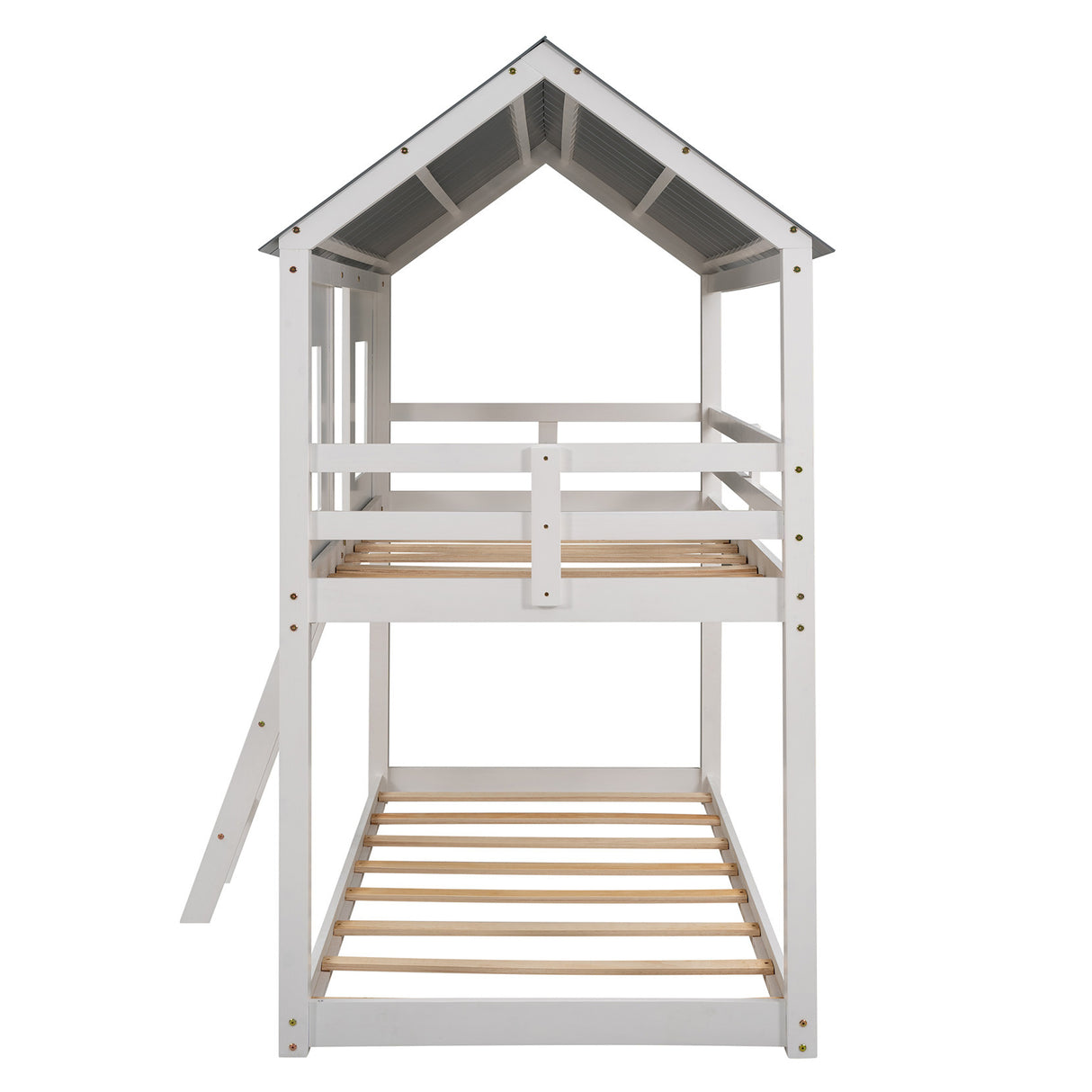 Twin over Twin Size Low Bunk Beds with Roof and Fence-shaped Guardrail, White - Home Elegance USA