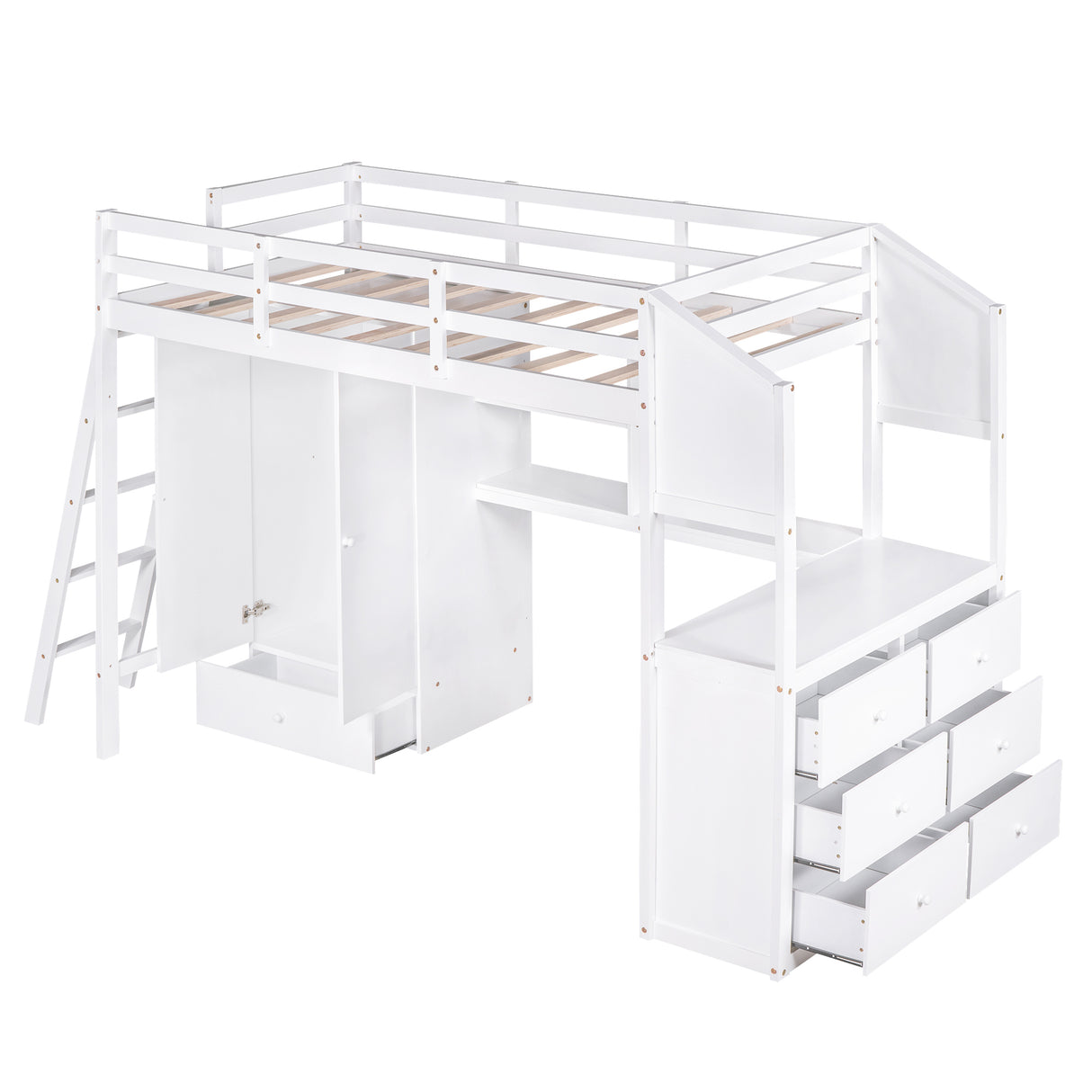 Twin Size Loft Bed with Wardrobe and Drawers, attached Desk with Shelves, White - Home Elegance USA