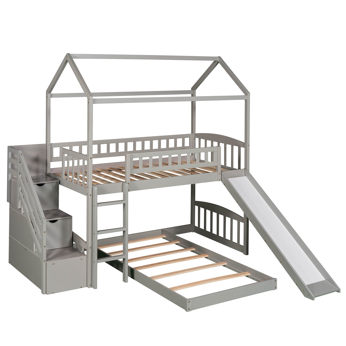 Twin Over Twin Bunk Bed with Two Drawers and Slide, House Bed with Slide, White(OLD SKU :LP000129AAE) - Home Elegance USA