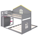 Twin over Full House Bunk Bed with Pink Staircase and Drawer,  Shelves Under the Staircase, House Shaped Bed with Windows, Gray - Home Elegance USA