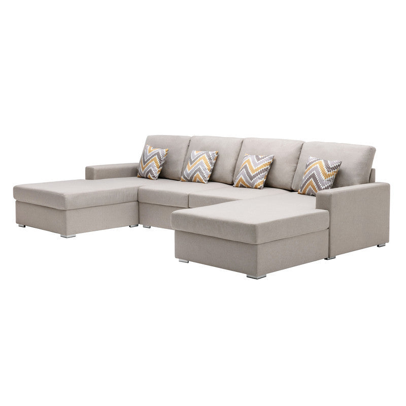 Nolan Beige Linen Fabric 4Pc Double Chaise Sectional Sofa with Pillows and Interchangeable Legs - Home Elegance USA