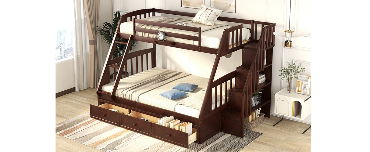 Twin-Over-Full Bunk Bed with Drawers，Ladder and Storage Staircase, Espresso - Home Elegance USA