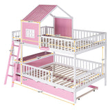 Full over Full Bunk Bed with Twin Size Trundle , Farmhouse Bed with Storage Box and Drawer - Pink - Home Elegance USA