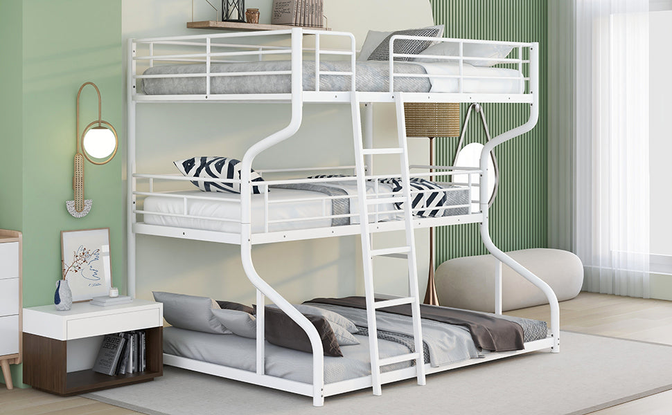 Full XL over Twin XL over Queen Size Triple Bunk Bed with Long and Short Ladder,White - Home Elegance USA