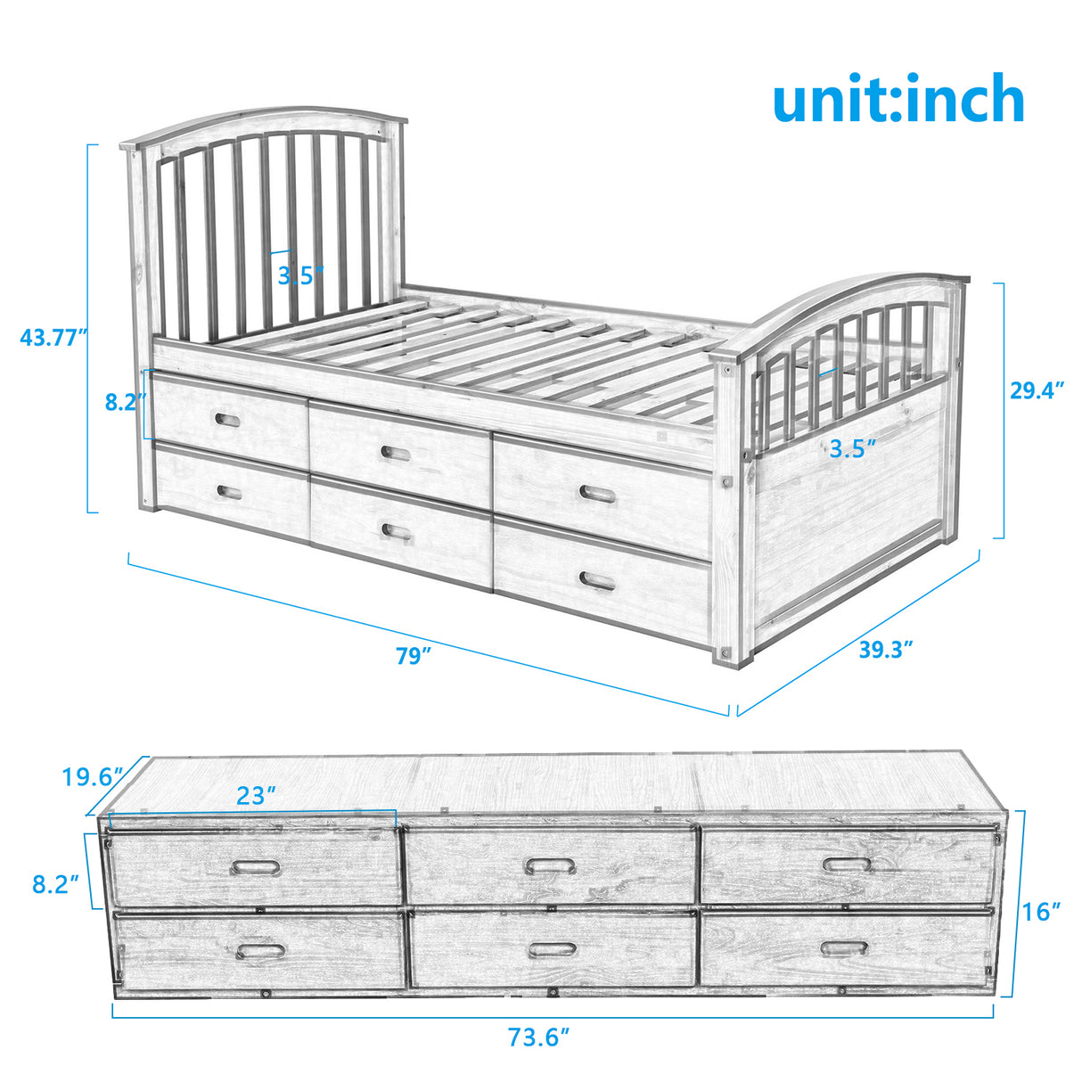 ORISFUR. Twin Size Platform Storage Bed Solid Wood Bed with 6 Drawers - Home Elegance USA