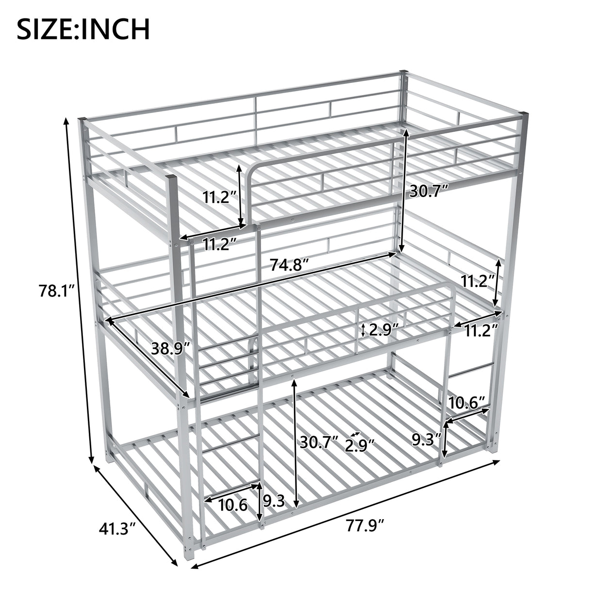 Metal Twin Size Triple Bunk Bed, Silver - Home Elegance USA