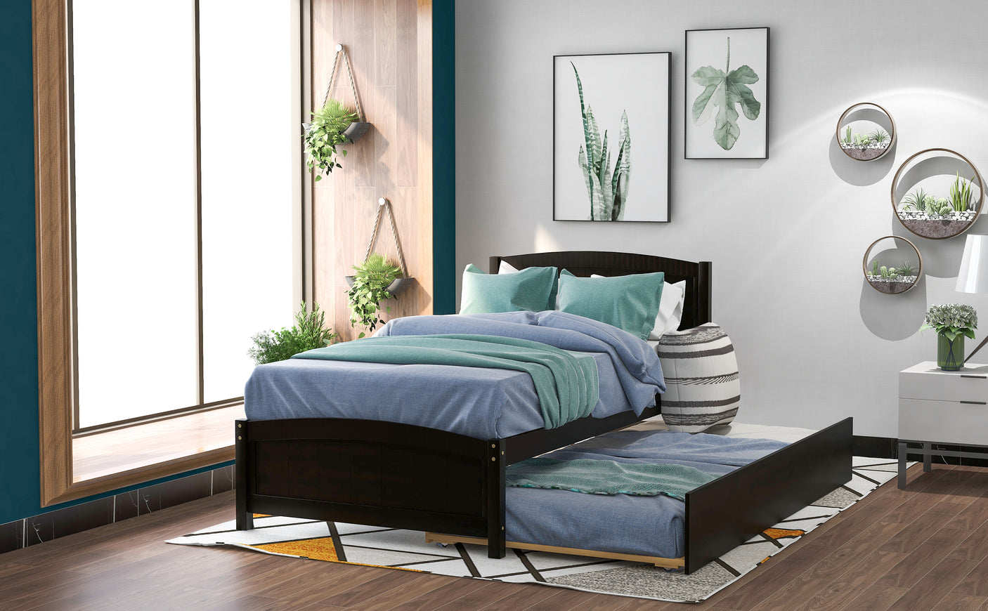 Twin size Platform Bed with Trundle, Espresso - Home Elegance USA