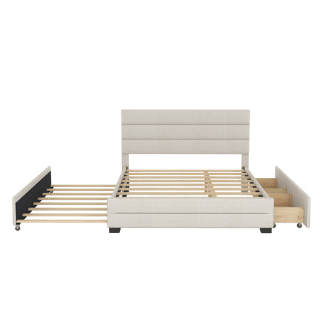 Queen Upholstered Platform Bed with Twin Size Trundle and Two Drawers, Beige - Home Elegance USA