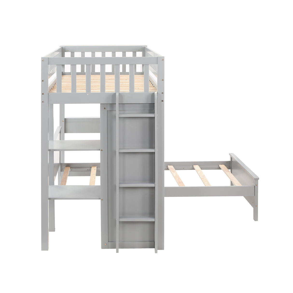 Twin Size Loft Bed with Closet and Desk, Extra Bottom Twin Bed, Grey - Home Elegance USA