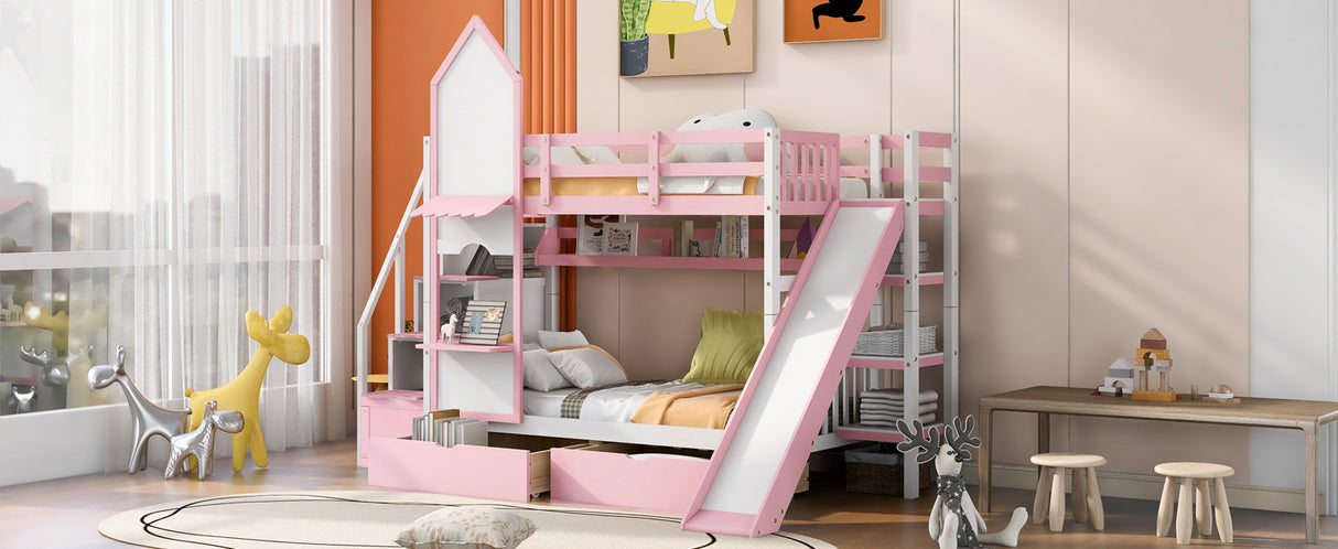 Twin-Over-Twin Castle Style Bunk Bed with 2 Drawers 3 Shelves and Slide - Pink