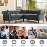 MH 80" Deep Button Tufted Upholstered Roll Arm Luxury Classic Chesterfield L-shaped Sofa 3 Pillows Included, Solid Wood Gourd Legs, Grey velvet - Home Elegance USA