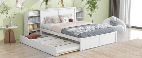 Queen Size Storage Platform Bed with Pull Out Shelves and Twin  XL Size Trundle, White - Home Elegance USA