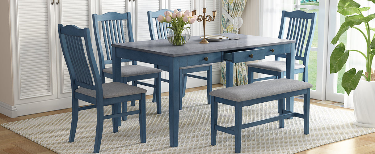 TOPMAX Mid-Century 6-Piece Wood Dining Table Set, Kitchen Table Set with Drawer, Upholstered Chairs and Bench, Antique Blue - Home Elegance USA