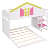 Twin over Full House Bunk Bed with Pink Staircase and Drawer,  Shelves Under the Staircase, House Shaped Bed with Windows, White - Home Elegance USA