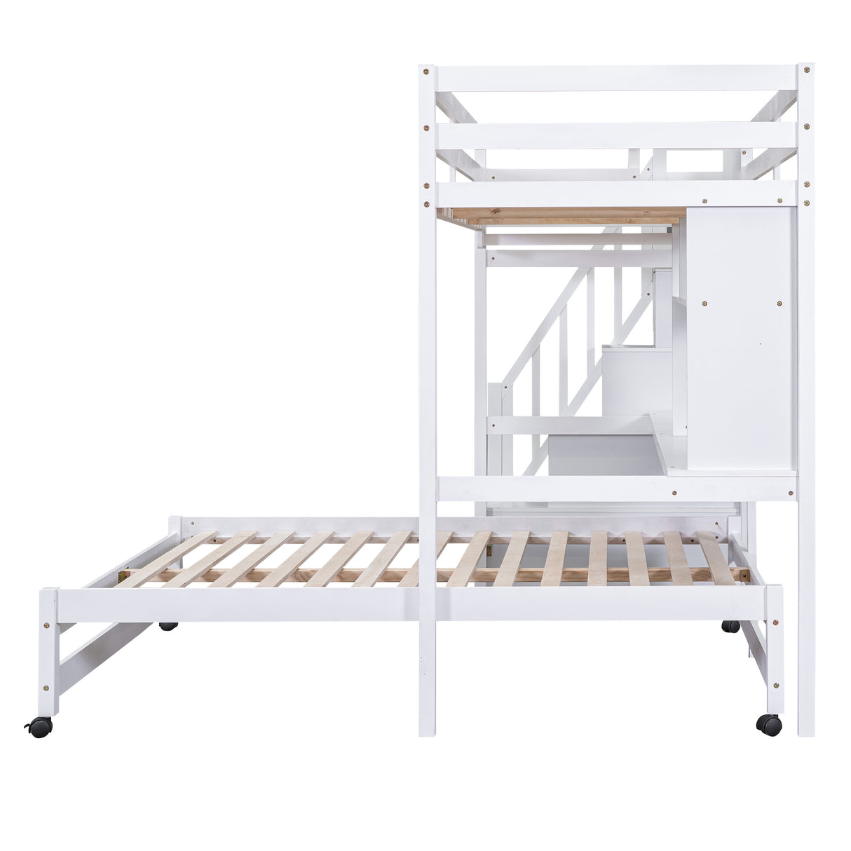 Twin over Full Bunk Bed with Storage Staircase, Desk, Shelves and Hanger for Clothes, White - Home Elegance USA